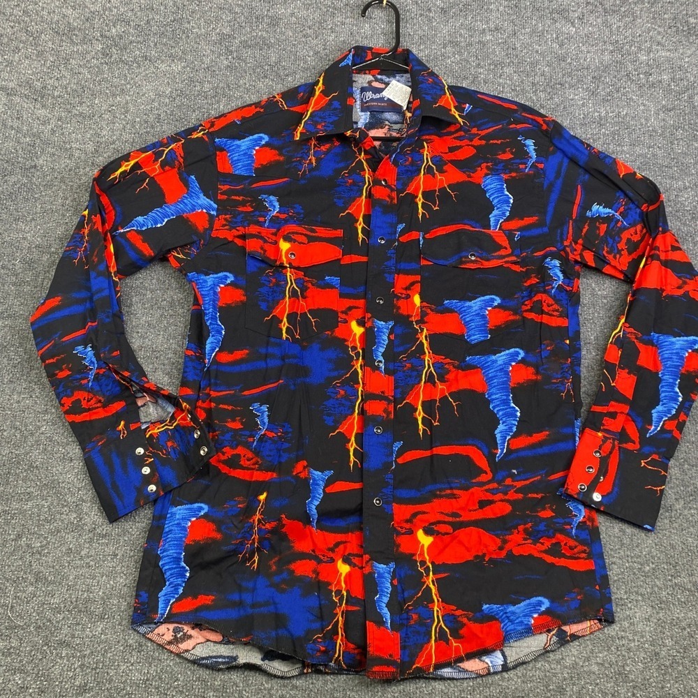 VTG Wrangler Brush Western Shirt Mens Medium Tornado Lightning Snap V736-007B